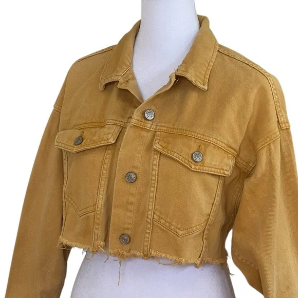PacSun Mustard Yellow Cropped Jean Jacket Women’s Sz XS Raw Frayed Hem Denim - Picture 6 of 14